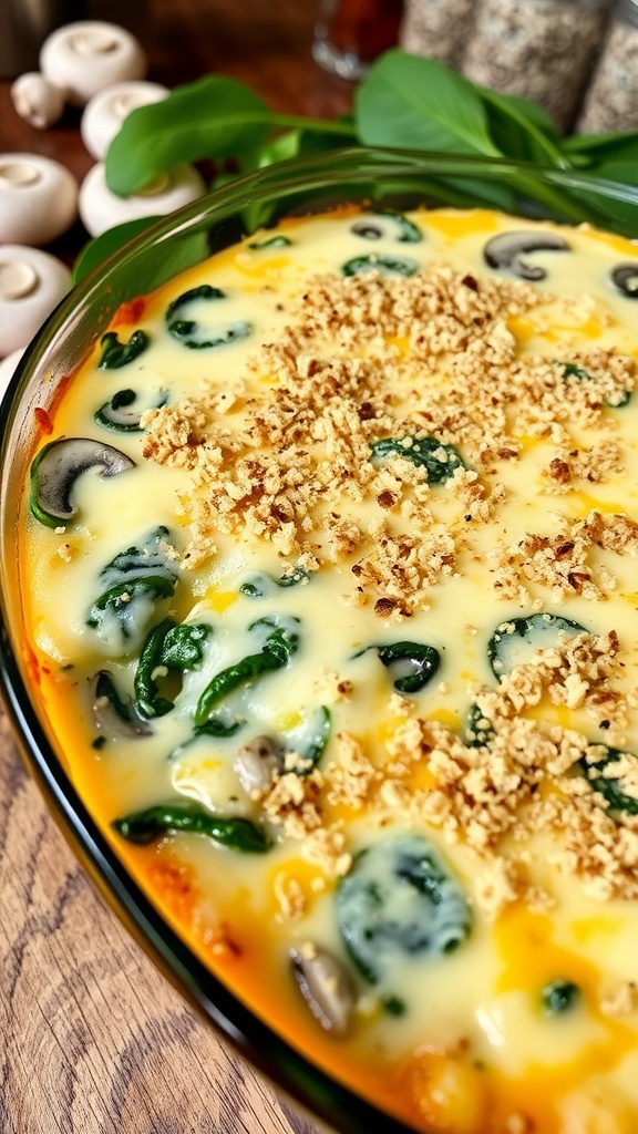 A baked spinach and mushroom casserole topped with melted cheese and breadcrumbs, sitting on a wooden kitchen table.